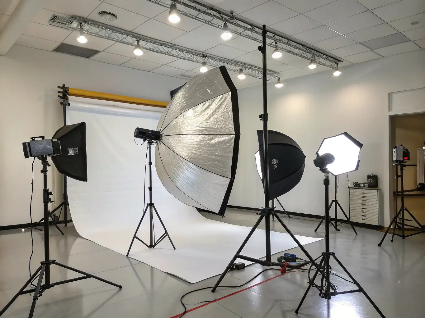 A professional photographer adjusting a softbox in a well-equipped studio, demonstrating the use of studio lighting to achieve perfect illumination for a portrait shoot.